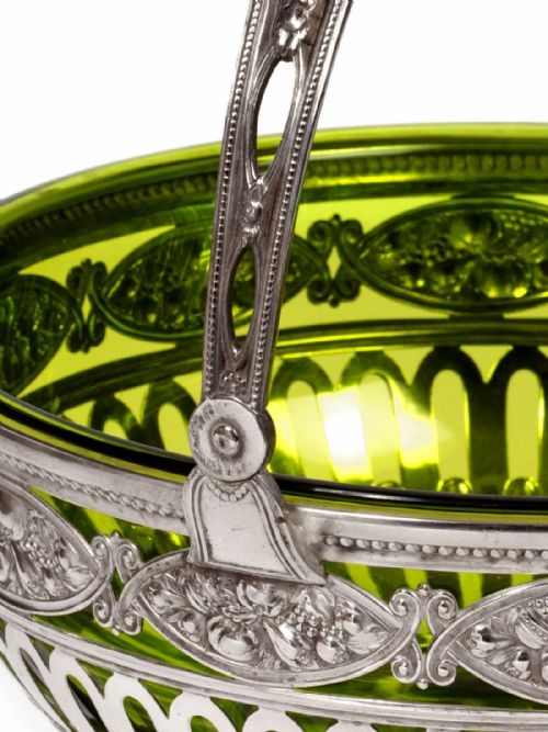 SILVER PLATED WMF SWING HANDLE BASKET WITH ORIGINAL GREEN GLASS LINER - ADDITIONAL PHOTO 2