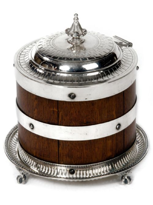 late victorian oak and silver plate biscuit box with hinged lid - CATEGORY: ANTIQUE SILVER - DATED 1890