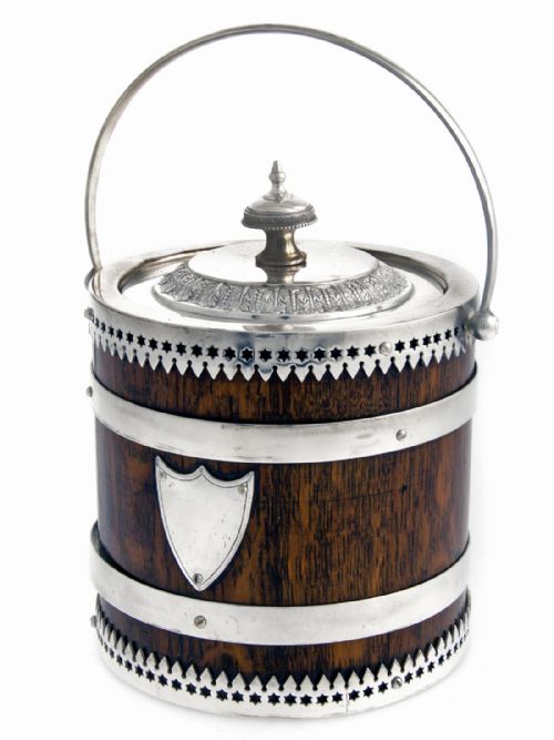 english victorian oak and silver plate biscuit barrel or ice bucket - CATEGORY: ANTIQUE SILVER - DATED 1890