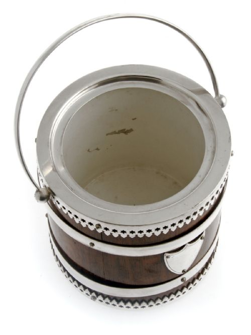 ENGLISH VICTORIAN OAK AND SILVER PLATE BISCUIT BARREL OR ICE BUCKET - ADDITIONAL PHOTO 5