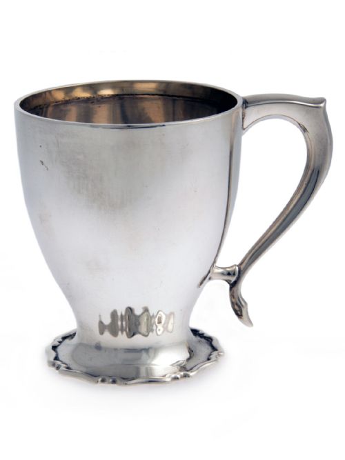 silver christening mug with applied scroll handle and unusual spreading foot - CATEGORY: ANTIQUE SILVER - DATED 1920