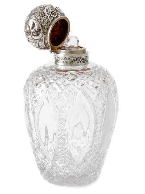 SILVER TOPPED AND CUT GLASS PERFUME BOTTLE WITH ORIGINAL STOPPER - ADDITIONAL PHOTO 1