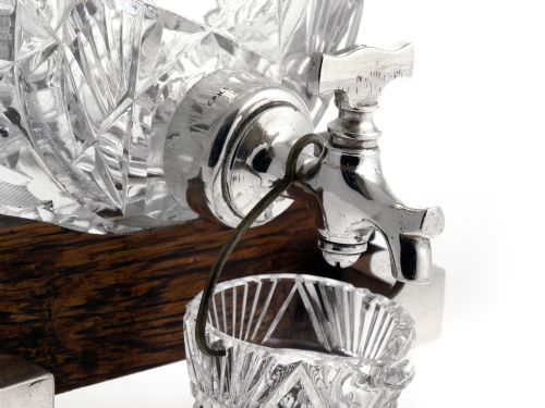 CUT GLASS SPIRIT BARREL WITH SILVER PLATED TAP AND OAK TRESTLE - ADDITIONAL PHOTO 4