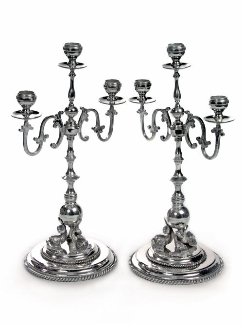 PAIR OF VICTORIAN SILVER PLATE THREE LIGHT CANDELABRA WITH CAST DOLPHINS - ADDITIONAL PHOTO 1