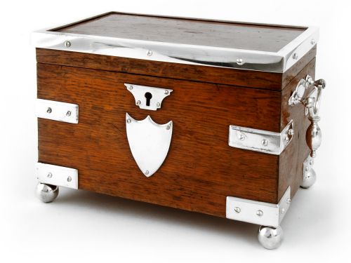 LATE VICTORIAN OAK AND SILVER PLATE TEA CADDY BY JOHN GRINSELL - ADDITIONAL PHOTO 1