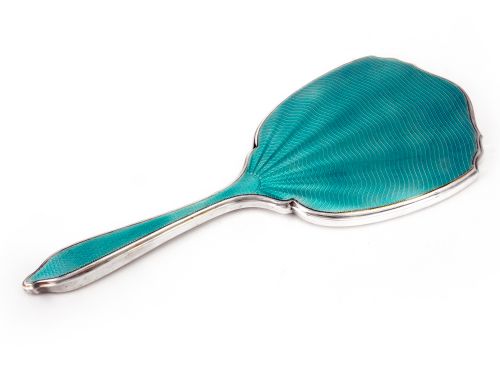 silver and teal green enamel hand mirror - CATEGORY: ANTIQUE SILVER - DATED 1930