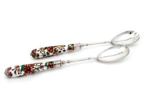 pair of victorian silver and porcelain salad servers - CATEGORY: ANTIQUE SILVER - DATED 1880