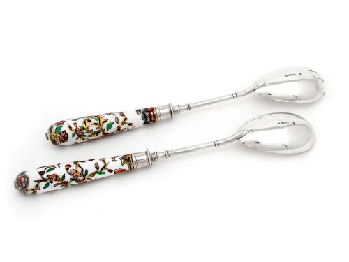 PAIR OF VICTORIAN SILVER AND PORCELAIN SALAD SERVERS - ADDITIONAL PHOTO 1