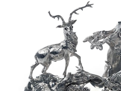 VICTORIAN CAST SILVER PLATE INK STAND DEPICTING TWO STAGS BY A POND - ADDITIONAL PHOTO 3
