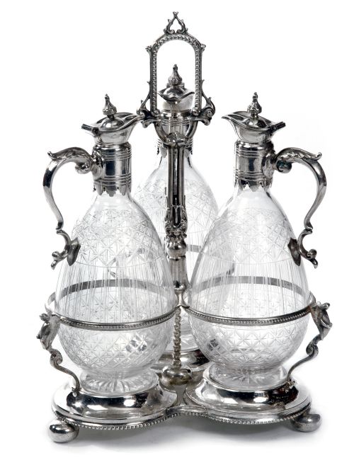victorian silver plated decanter stand with three cut glass decanters - CATEGORY: ANTIQUE SILVER - DATED 1880