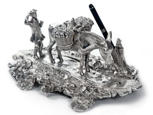 SILVER PLATED INK WELL DEPICTING A PEASANT FARMER AND DONKEY WITH BASKETS - ADDITIONAL PHOTO 1