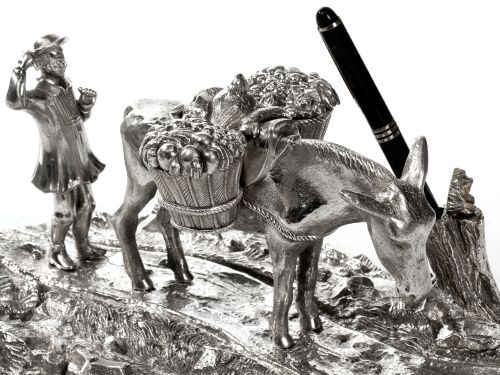 SILVER PLATED INK WELL DEPICTING A PEASANT FARMER AND DONKEY WITH BASKETS - ADDITIONAL PHOTO 3