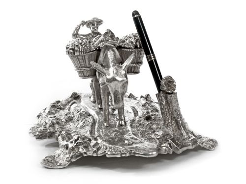 SILVER PLATED INK WELL DEPICTING A PEASANT FARMER AND DONKEY WITH BASKETS - ADDITIONAL PHOTO 4