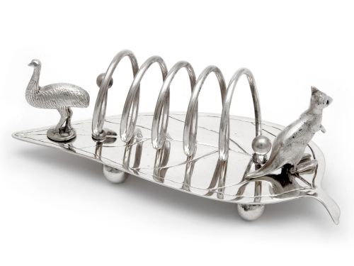 antique australian silver plated toast rack with a kangaroo and an emu - CATEGORY: ANTIQUE SILVER - DATED 1900