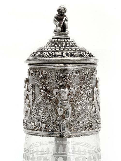 ELKINGTON CO SILVER PLATE AND GLASS CLARET JUG WITH CHERUBS AND FLORAL SCENES ON THE MOUNT - ADDITIONAL PHOTO 6