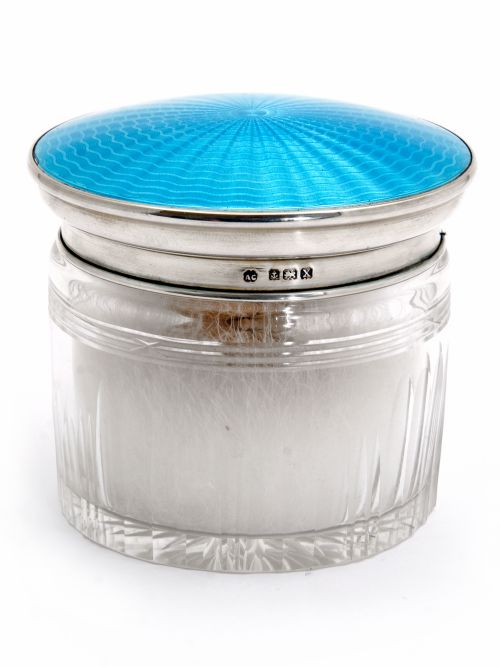 silver and turquoise guilloche enamel lidded glass jar - CATEGORY: ANTIQUE SILVER - DATED 1920