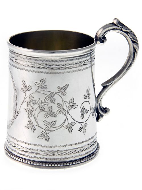 victorian silver christening mug engraved with foliage - CATEGORY: ANTIQUE SILVER - DATED 1880