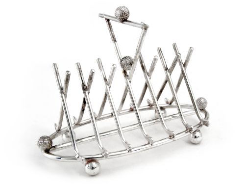 edwardian silver plate six division golf club toast rack - CATEGORY: ANTIQUE SILVER - DATED 1910