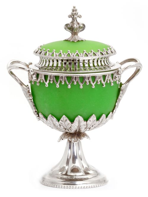 decorative victorian silver plate cast sugar urn with green opeline glass liner - CATEGORY: ANTIQUE SILVER - DATED 1880
