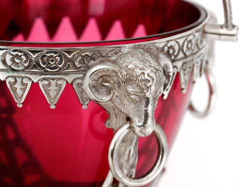 CAST VICTORIAN SILVER PLATED SUGAR BASKET WITH RUBY GLASS LINER - ADDITIONAL PHOTO 2
