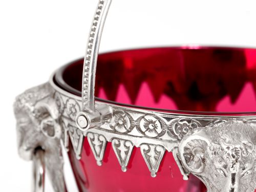 CAST VICTORIAN SILVER PLATED SUGAR BASKET WITH RUBY GLASS LINER - ADDITIONAL PHOTO 3
