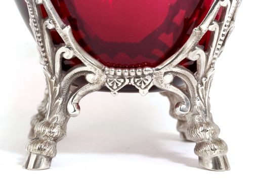 CAST VICTORIAN SILVER PLATED SUGAR BASKET WITH RUBY GLASS LINER - ADDITIONAL PHOTO 5