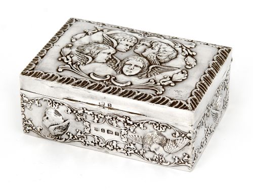 rectangular antique silver reynolds angels jewellery box - CATEGORY: ANTIQUE SILVER - DATED 1900