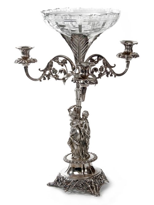 victorian silver plated epergne with three candle holders and three female figures - CATEGORY: ANTIQUE SILVER - DATED 1870