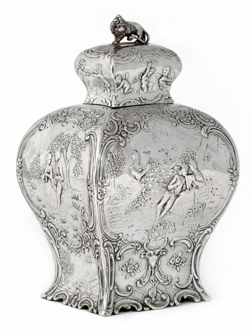 decorative continental silver tea caddy with scenes of courting couples - CATEGORY: ANTIQUE SILVER - DATED 1900