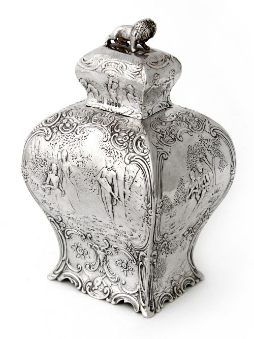 DECORATIVE CONTINENTAL SILVER TEA CADDY WITH SCENES OF COURTING COUPLES - ADDITIONAL PHOTO 2