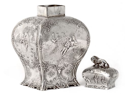 DECORATIVE CONTINENTAL SILVER TEA CADDY WITH SCENES OF COURTING COUPLES - ADDITIONAL PHOTO 3