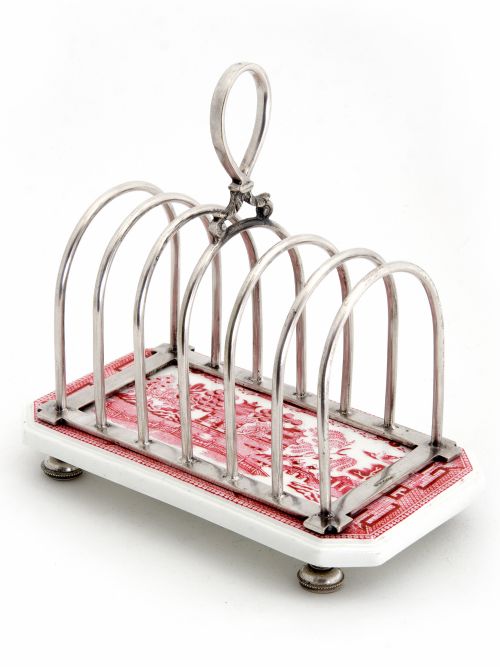 VICTORIAN SPODE AND SILVER PLATE TOAST RACK WITH WILLOW PATTERN POTTERY BASE - ADDITIONAL PHOTO 1