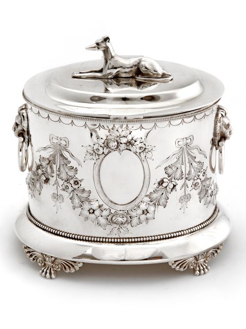 decorative silver plated biscuit box with a greyhound finial - CATEGORY: ANTIQUE SILVER - DATED 1890