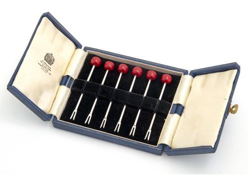 mappin webb boxed set of 6 silver cocktail picks each with bakelite cherry finials - CATEGORY: ANTIQUE SILVER - DATED 1940