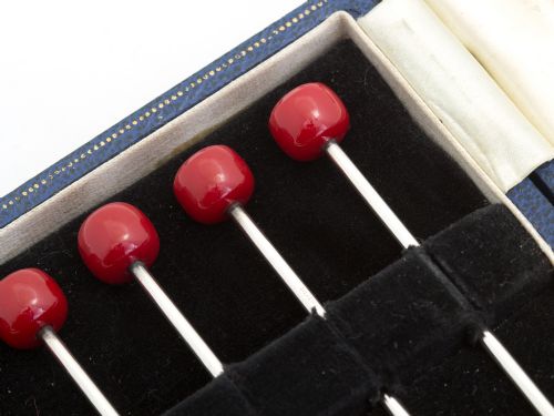 MAPPIN WEBB BOXED SET OF 6 SILVER COCKTAIL PICKS EACH WITH BAKELITE CHERRY FINIALS - ADDITIONAL PHOTO 2