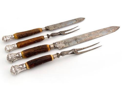 VICTORIAN ANTLER AND SILVER MOUNTED FOUR PIECE CARVING SET - ADDITIONAL PHOTO 1