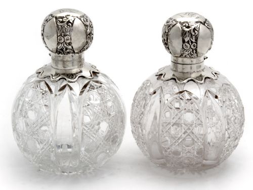pair of large victorian silver topped and cut glass perfume scent bottles - CATEGORY: ANTIQUE SILVER - DATED 1890