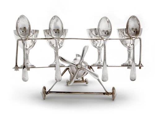RARE SILVER PLATE BIPLANE HOLDING FOUR EGG CUPS AND FOUR TEASPOONS - ADDITIONAL PHOTO 1