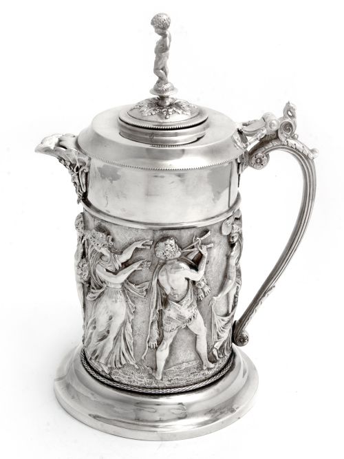 decorative silver plate wine jug embossed with musicians dancing figures - CATEGORY: ANTIQUE SILVER - DATED 1880