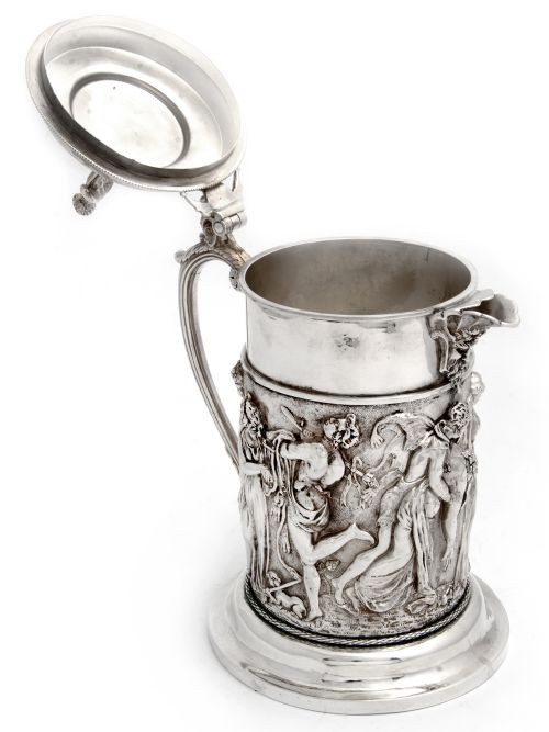 DECORATIVE SILVER PLATE WINE JUG EMBOSSED WITH MUSICIANS DANCING FIGURES - ADDITIONAL PHOTO 4