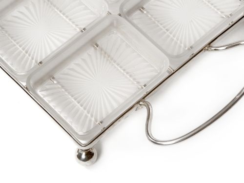 SILVER PLATE HORS D'OEUVRES TRAY WITH TWELVE FROSTED GLASS SECTIONS - ADDITIONAL PHOTO 2