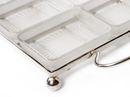 SILVER PLATE HORS D'OEUVRES TRAY WITH TWELVE FROSTED GLASS SECTIONS - ADDITIONAL PHOTO 4
