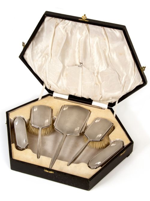 boxed 6 piece art deco style silver dressing table set - CATEGORY: ANTIQUE SILVER - DATED 1930