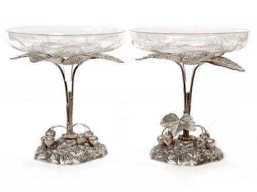 pair of silver plate comports decorated with strawberries and with two circular glass bowls - CATEGORY: ANTIQUE SILVER - DATED 1890