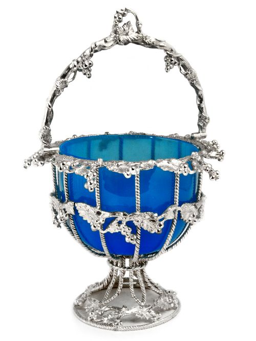 victorian silver plated basket with original blue glass liner - CATEGORY: ANTIQUE SILVER - DATED 1890