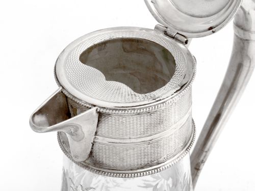 VICTORIAN SILVER PLATED CLARET WITH ENGINE TURNED MOUNT AND FLORAL ENGRAVED GLASS BODY - ADDITIONAL PHOTO 5
