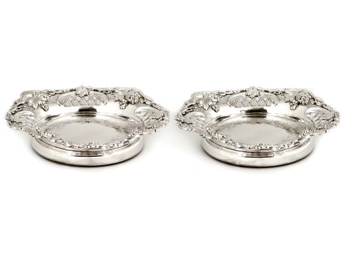 pair of large silver plated coasters with grape vine decoration - CATEGORY: ANTIQUE SILVER - DATED 1890