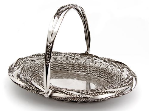 victorian silver plated woven wire swing handle oval basket - CATEGORY: ANTIQUE SILVER - DATED 1870