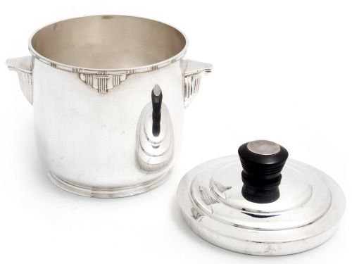 ART DECO SILVER PLATE BOX OR BARREL WITH A PULL OFF LID AND TURNED BLACK FINIAL - ADDITIONAL PHOTO 2