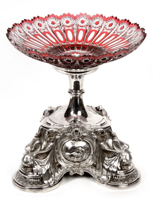 elkington co cast silver plated centerpiece with swans and red cut glass bowl - CATEGORY: ANTIQUE SILVER - DATED 1870